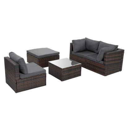 5-Piece Patio Furniture Set, Outdoor PE Wicker Set with Tempered Glass Table and All-Weather Rattan Seating