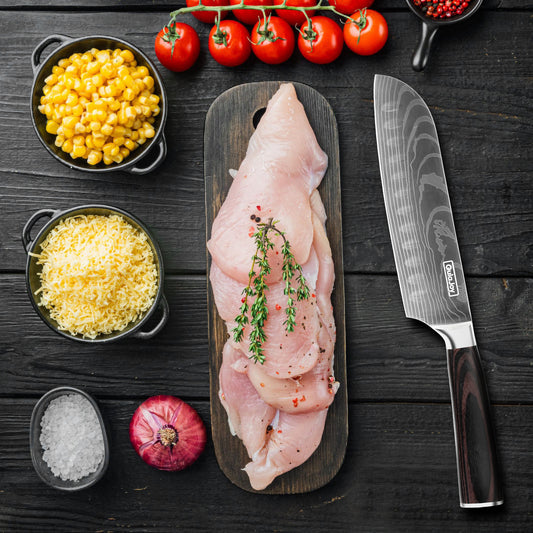 Qulajoy Santoku Japanese Chef Knife, Carbon Stainless Steel Kitchen Blade with Pakkawood Handle