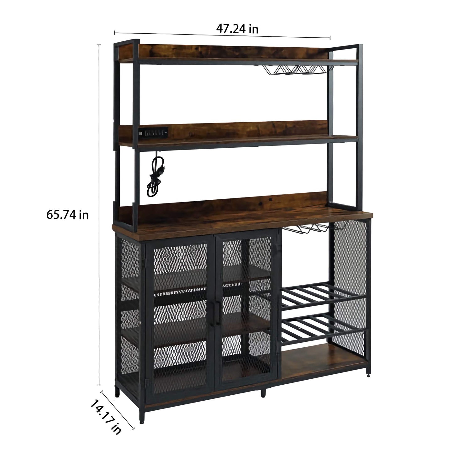 Coffee Bar Cabinet/Bottle Rack, Bar Counter, Shelves with Power Outlet, 3-Tier Holder
