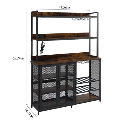 Coffee Bar Cabinet/Bottle Rack, Bar Counter, Shelves with Power Outlet, 3-Tier Holder