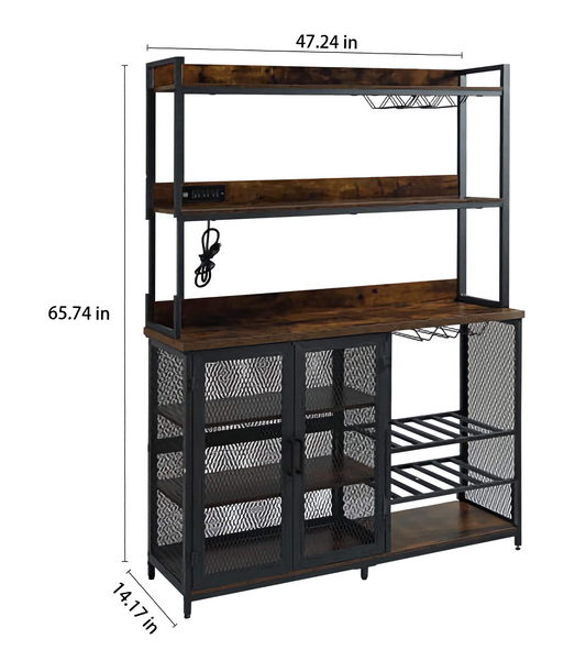3-Tier Bottle Rack Cabinet Bar, Modern Storage Counter with Shelves and Power Outlets