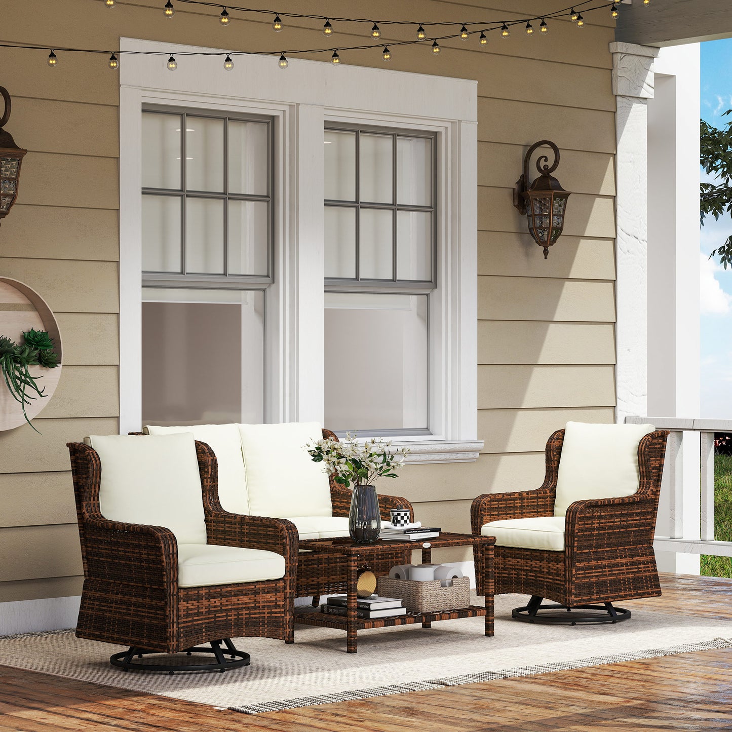 4-Piece Patio Furniture Set, Rattan Conversation Set with Swivel Glider Chairs, Table, Loveseat