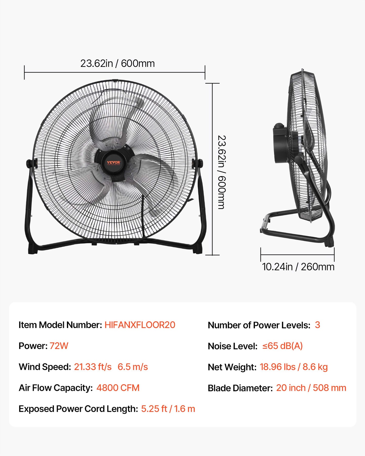 VEVOR 20in. High-Velocity Portable Industrial Fan, 3 Adjustable Speeds and 360° Tilt for Maximum Airflow