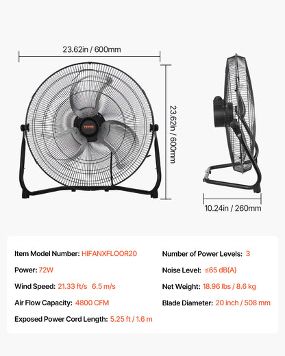 VEVOR 20in. High-Velocity Portable Industrial Fan, 3 Adjustable Speeds and 360° Tilt for Maximum Airflow