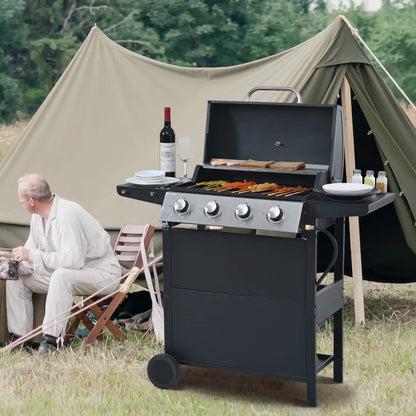4-Burner Propane BBQ Grill, Stainless Steel Outdoor Grill with Storage Shelves, Wheels, Lid, and Bottle Opener
