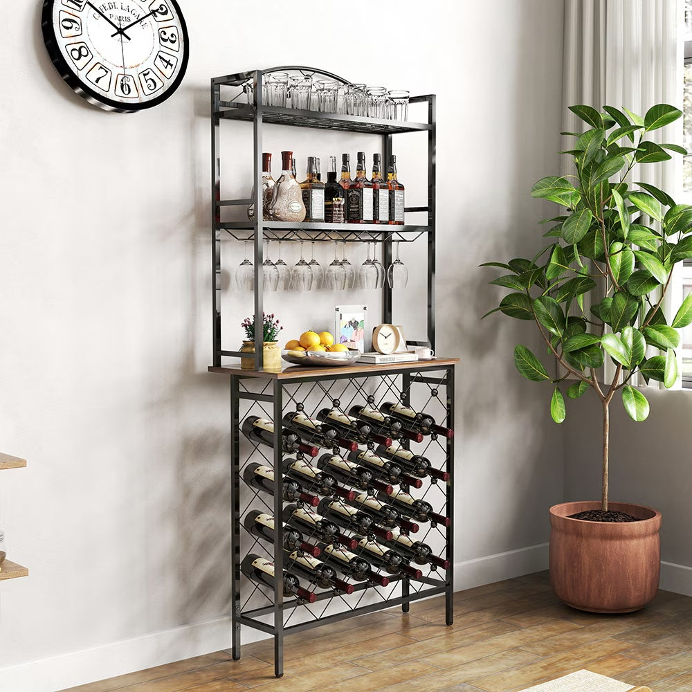 Freestanding Bottle Rack Bar Organizer, Storage Rack with shelf and Glass Holder