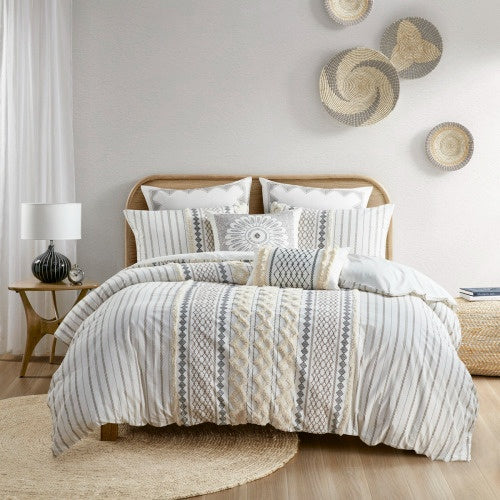 Full Queen Printed Duvet Cover Set with Raised Chenille Details
