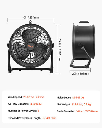 VEVOR 14in. High-Velocity Portable Industrial Fan, Adjustable Tilt and 3 Speeds for Maximum Airflow