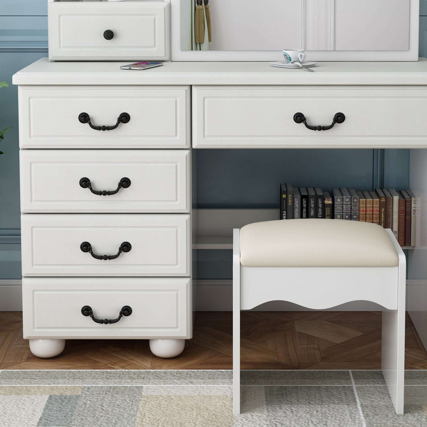3-Tier Fashion Vanity Desk, Storage Table with Mirror, Lights, and Drawers
