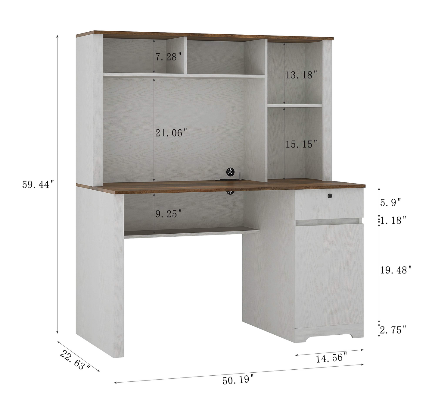 Hutch Home and Office Desk, Organized Workspace with Bookshelf, Drawers and Built-In Power Outlet