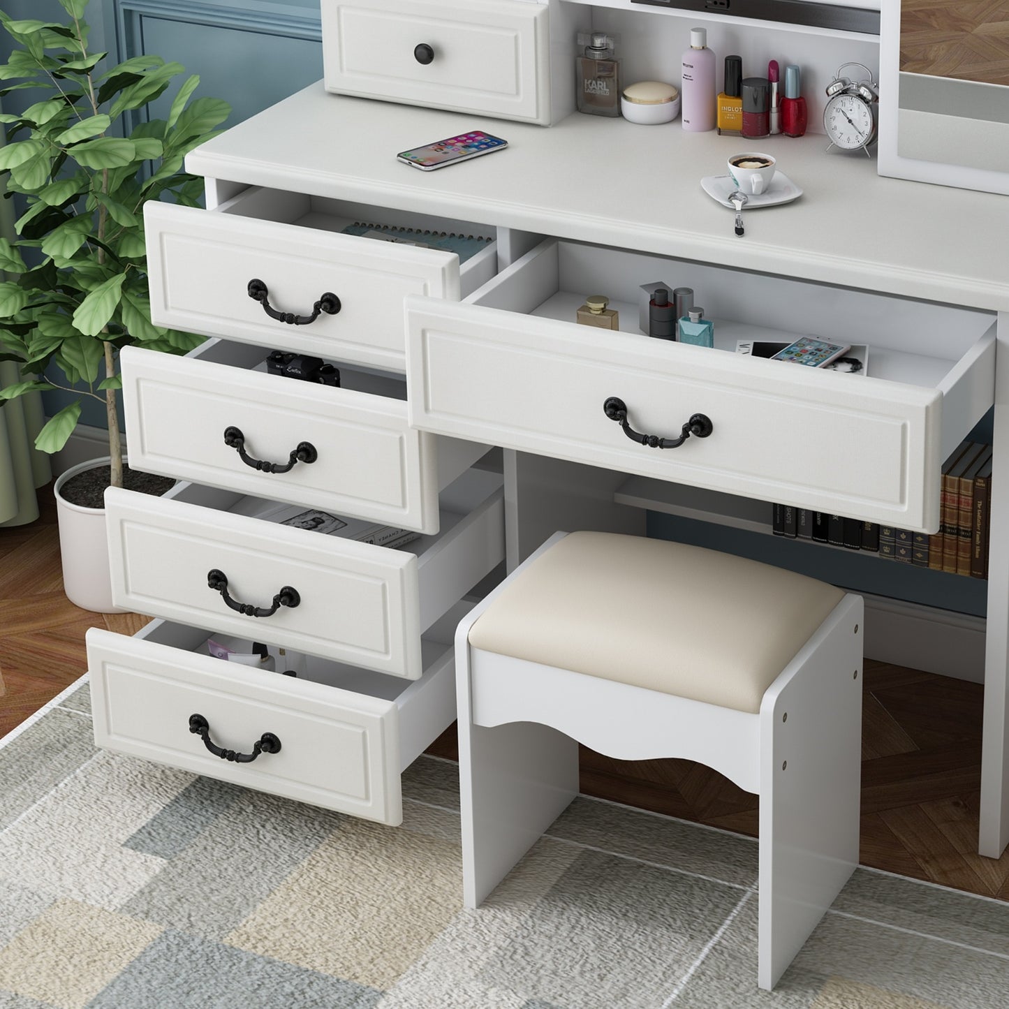 3-Tier Fashion Vanity Desk, Storage Table with Mirror, Lights, and Drawers