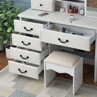 3-Tier Fashion Vanity Desk, Storage Table with Mirror, Lights, and Drawers
