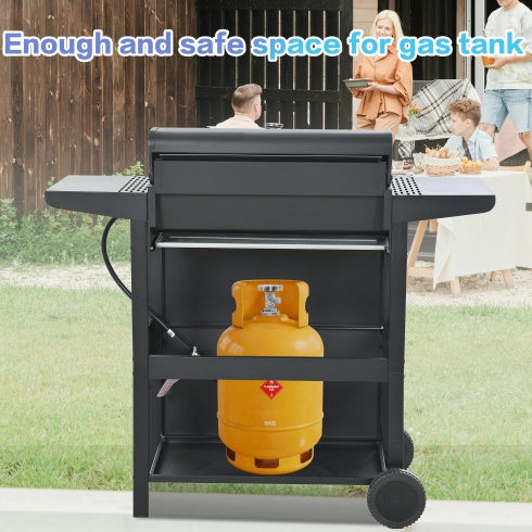 4-Burner Propane BBQ Grill, Stainless Steel Outdoor Grill with Storage Shelves, Wheels, Lid, and Bottle Opener