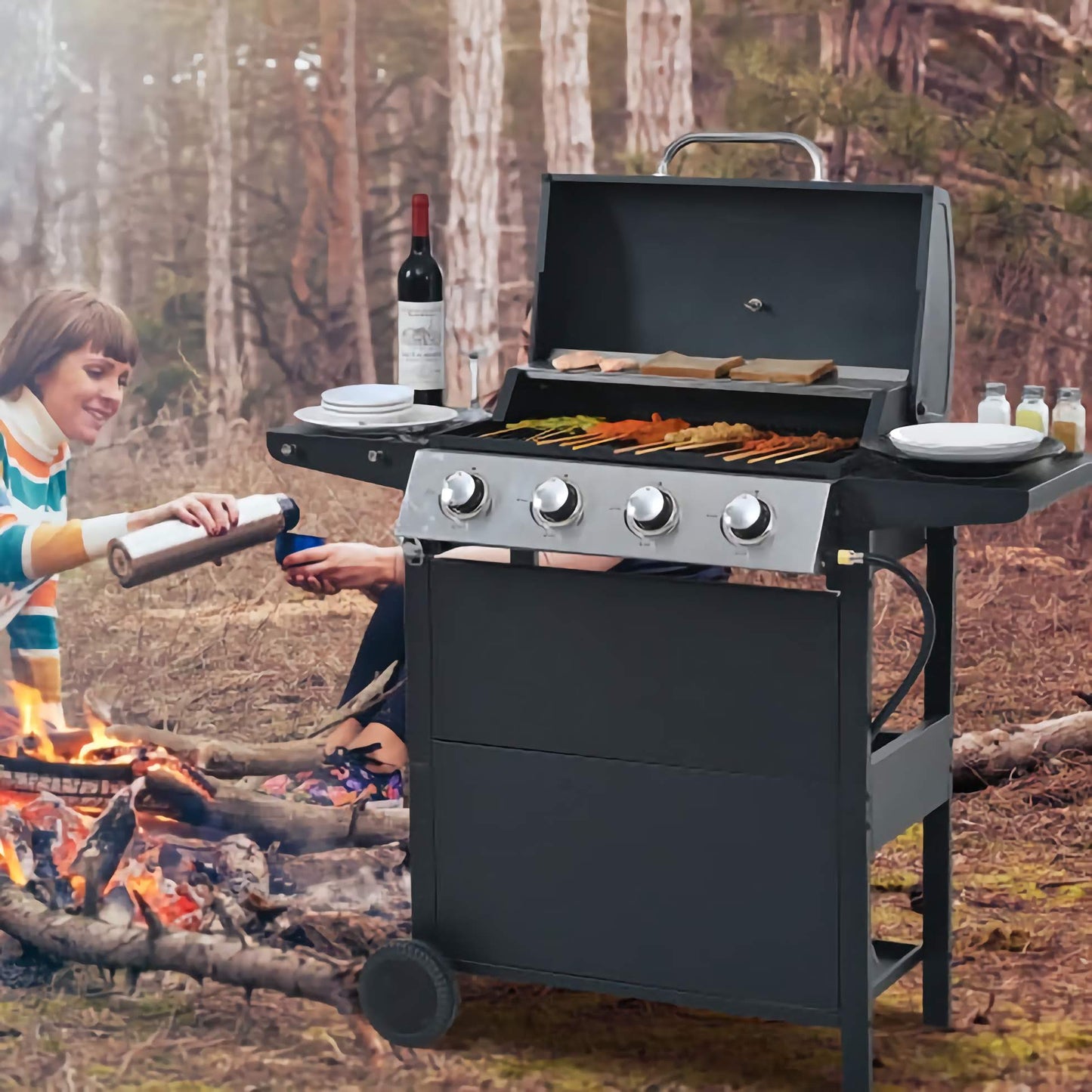 4-Burner Propane BBQ Grill, Stainless Steel Outdoor Grill with Storage Shelves, Wheels, Lid, and Bottle Opener