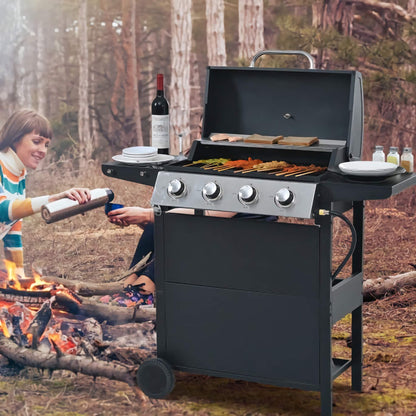 4-Burner Propane BBQ Grill, Stainless Steel Outdoor Grill with Storage Shelves, Wheels, Lid, and Bottle Opener