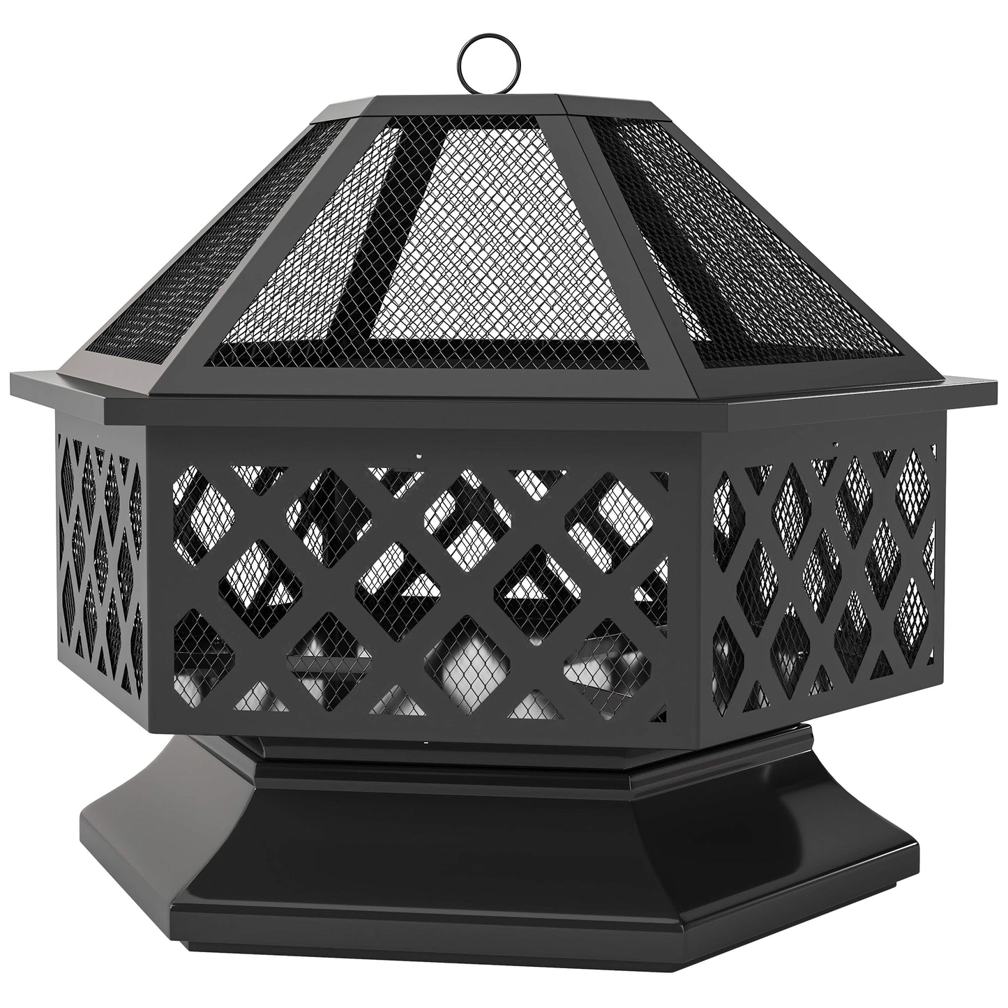 28in. Hexagon Outdoor Fire Pit, Wood Burning with Cooking Grate, Fire Poker and Safety Screen Lid for Patio and Backyard