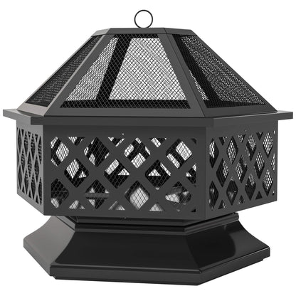 28in. Hexagon Outdoor Fire Pit, Wood Burning with Cooking Grate, Fire Poker and Safety Screen Lid for Patio and Backyard