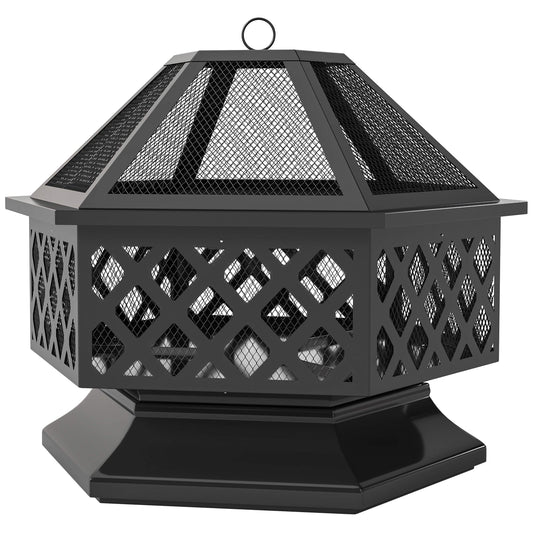 28in. Hexagon Outdoor Fire Pit, Wood Burning with Cooking Grate, Fire Poker and Safety Screen Lid for Patio and Backyard