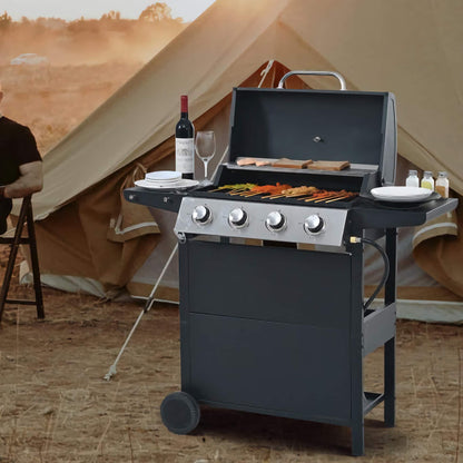 4-Burner Propane BBQ Grill, Stainless Steel Outdoor Grill with Storage Shelves, Wheels, Lid, and Bottle Opener