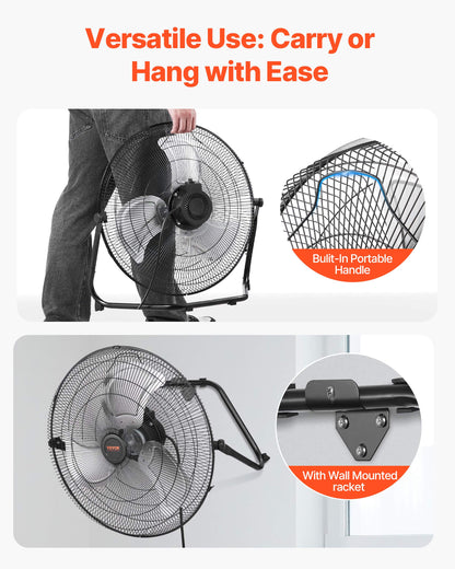 VEVOR 20in. High-Velocity Portable Industrial Fan, 3 Adjustable Speeds and 360° Tilt for Maximum Airflow