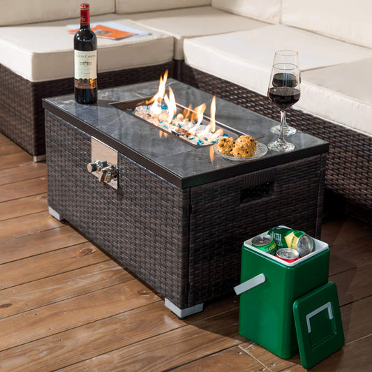 32in. Outdoor Propane Fire Pit Table, Stylish Rattan Base with Durable Tile Tabletop for Patio and Garden