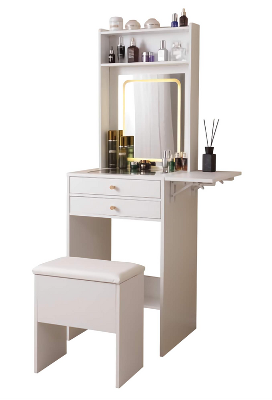 3-Brightness Makeup Vanity Desk, Glass Desktop with Mirror, Drawers, Cabinet, and Storage Stool