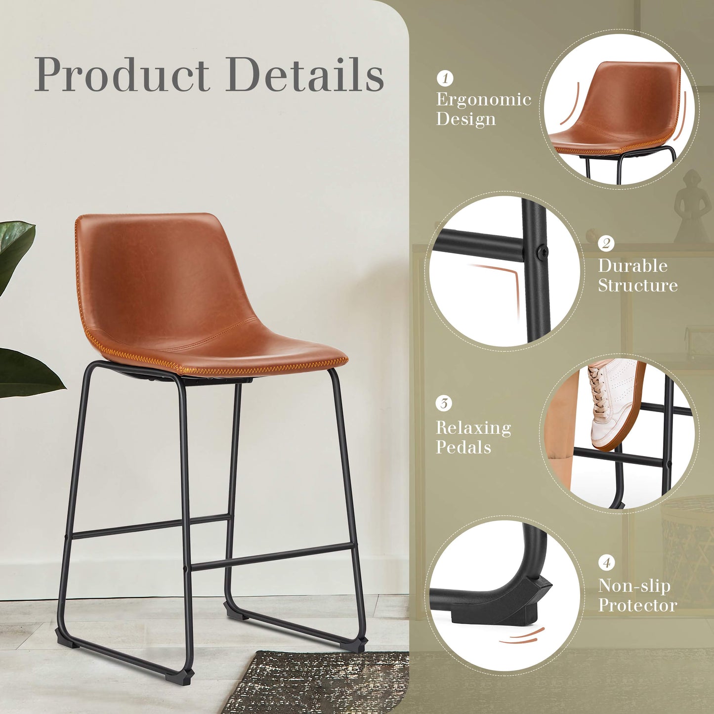 2-Piece Modern Kitchen Barstools, Comfortable Elevated Chairs for Dining Room or Kitchen Island