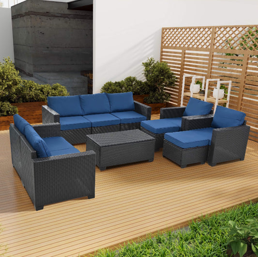 10-Piece Patio Sofa Set, Comfortable Outdoor Garden Furniture with Waterproof Cloth and Durable PE Rattan Base