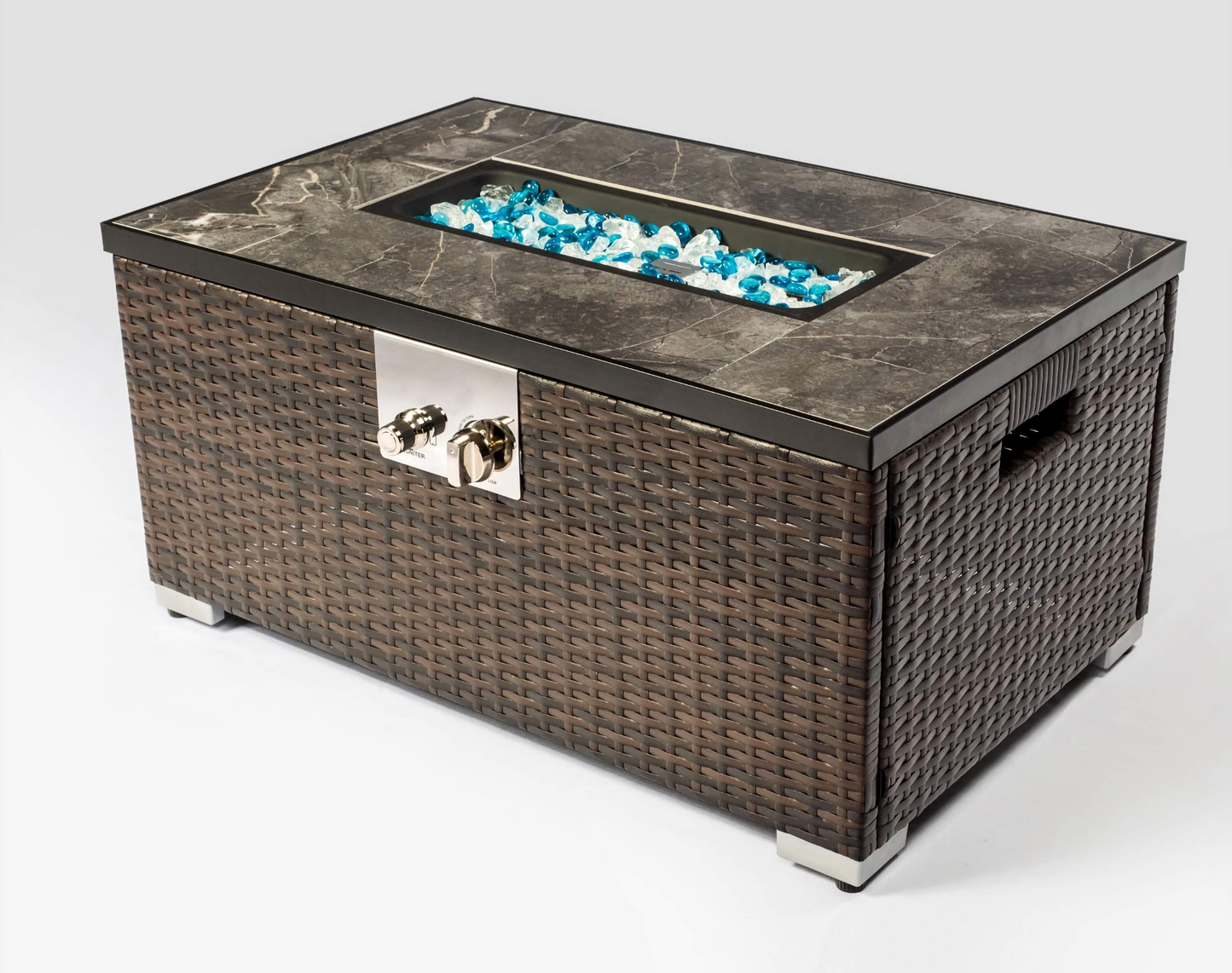 32in. Outdoor Propane Fire Pit Table, Stylish Rattan Base with Durable Tile Tabletop for Patio and Garden