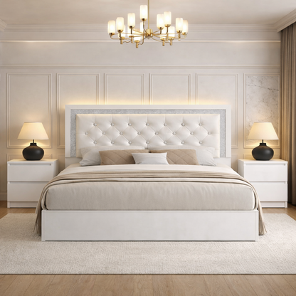 Full Queen Upholstered LED Platform Bed Set with 2 Drawer Nightstands