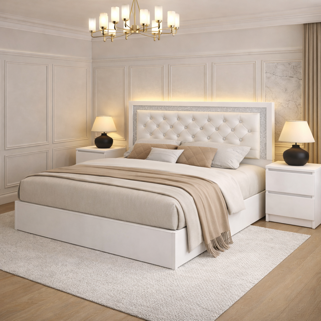 Full Queen Upholstered LED Platform Bed Set with 2 Drawer Nightstands