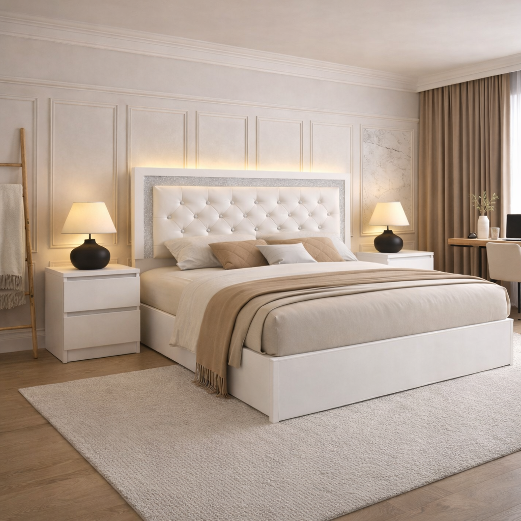 Full Queen Upholstered LED Platform Bed Set with 2 Drawer Nightstands