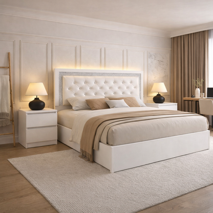 Full Queen Upholstered LED Platform Bed Set with 2 Drawer Nightstands