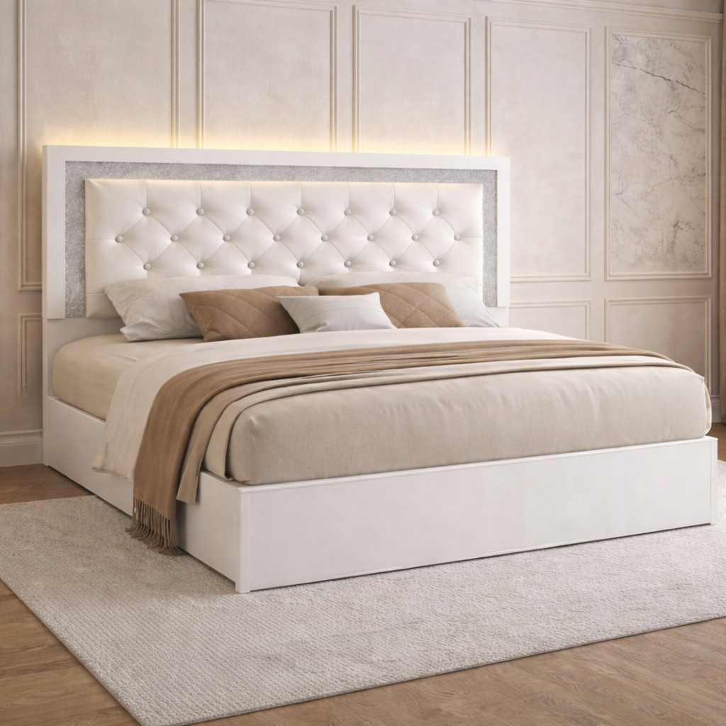 Full Queen Upholstered LED Platform Bed Set with 2 Drawer Nightstands