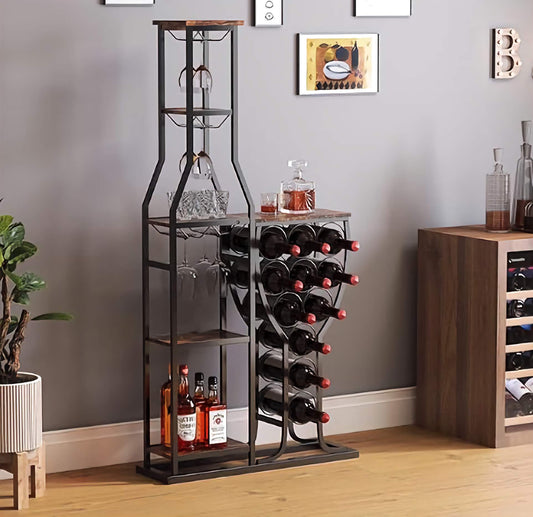 FILINGSKY Freestanding Bar Organizer, Stylish Bottle Rack with Modern Shelf and Glass Holder for Wine and Spirits