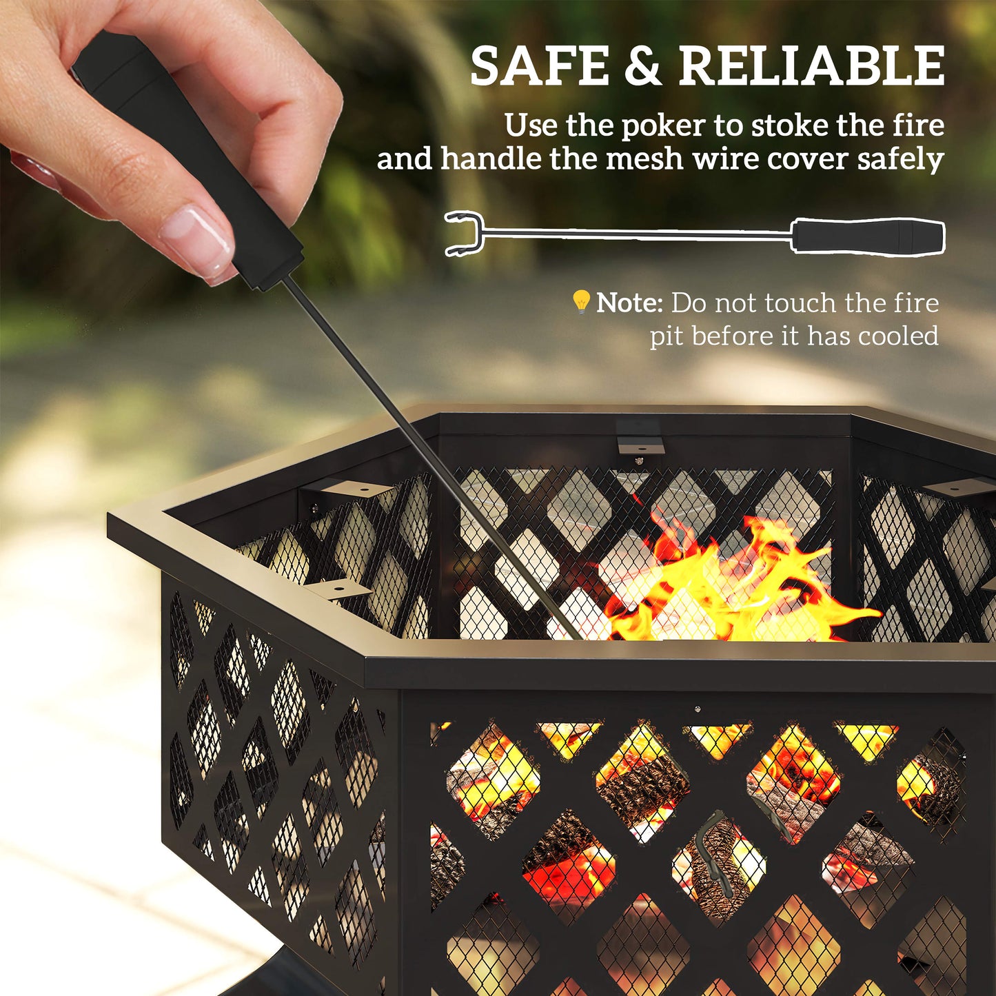 28in. Hexagon Outdoor Fire Pit, Wood Burning with Cooking Grate, Fire Poker and Safety Screen Lid for Patio and Backyard