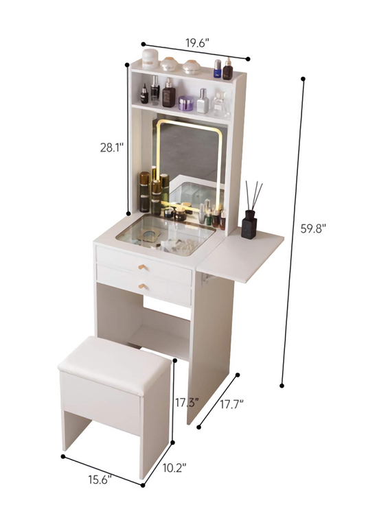 3-Brightness Makeup Vanity Desk, Glass Desktop with Mirror, Drawers, Cabinet, and Storage Stool