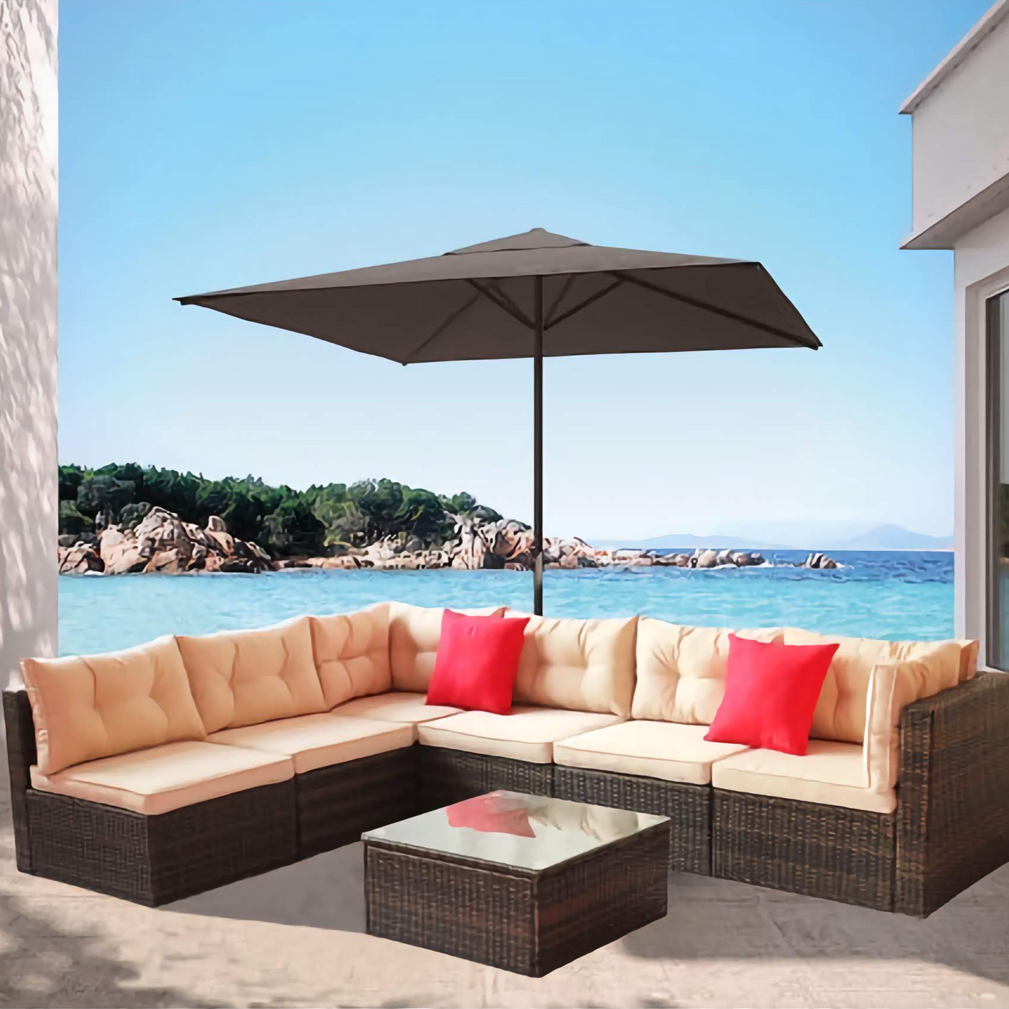 7-Piece Seasonal Patio Sofa Set, Comfortable Outdoor Garden Furniture with Sturdy PE Rattan Base