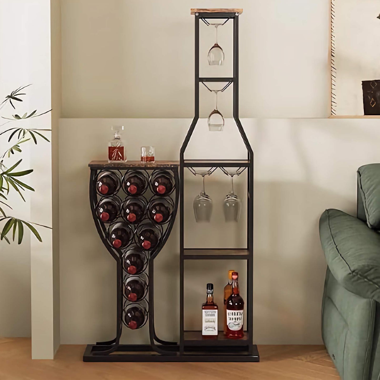 Freestanding Bar Organizer, Stylish Bottle Rack with Modern Shelf and Glass Holder for Wine and Spirits