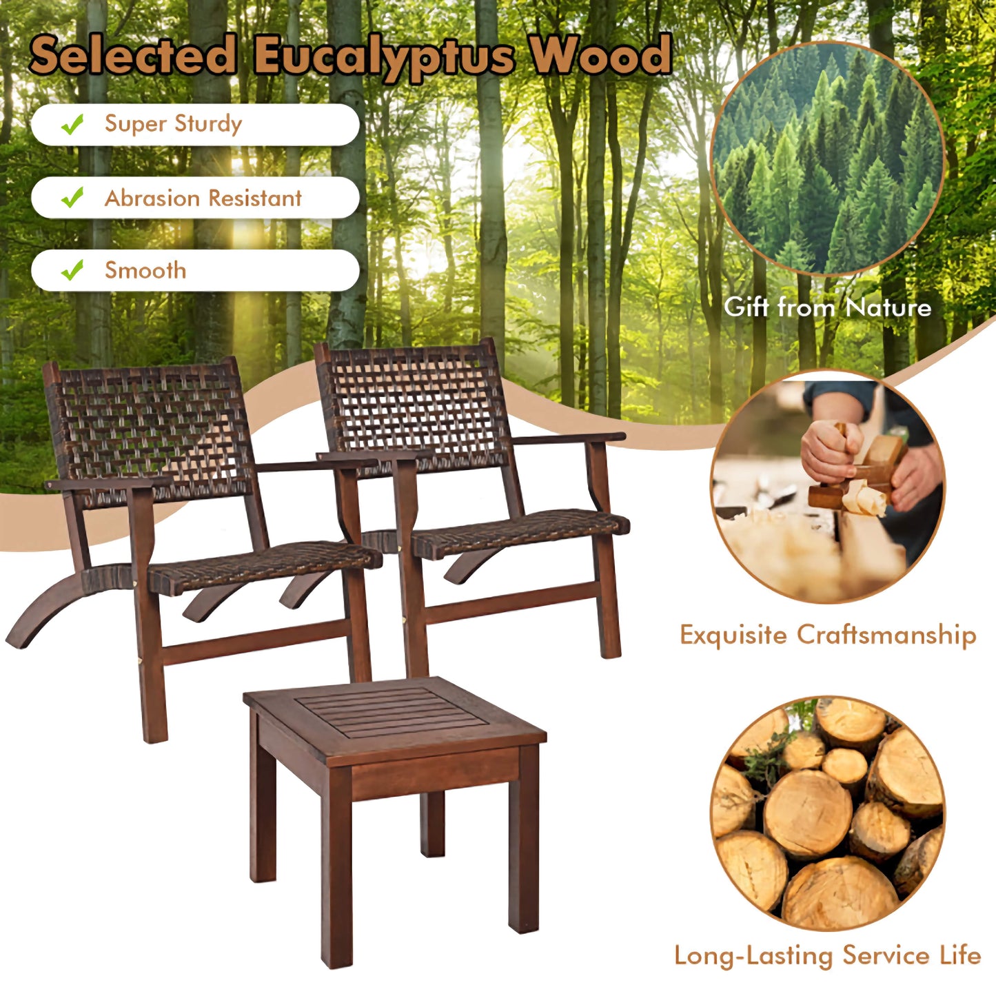 3-Piece Outdoor Wooden Patio Furniture Set