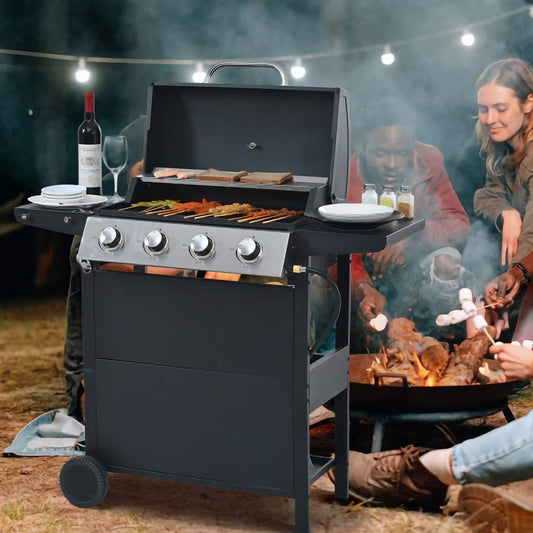4-Burner Propane BBQ Grill, Stainless Steel Outdoor Grill with Storage Shelves, Wheels, Lid, and Bottle Opener