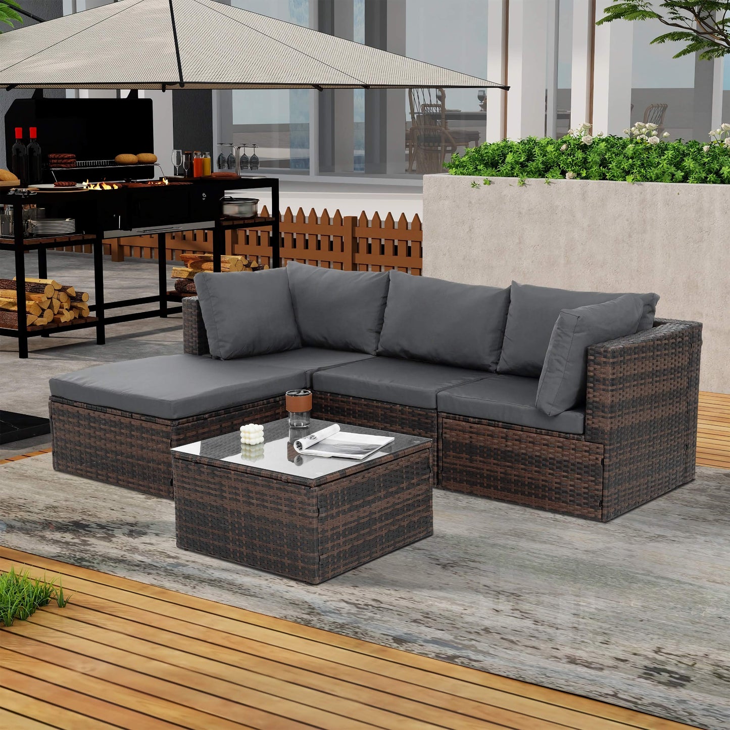 5-Piece Patio Furniture Set, Outdoor PE Wicker Set with Tempered Glass Table and All-Weather Rattan Seating