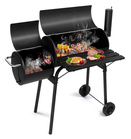 Double Cylinder Charcoal Grill/Smoker, Outdoor BBQ Smoker with Wheels