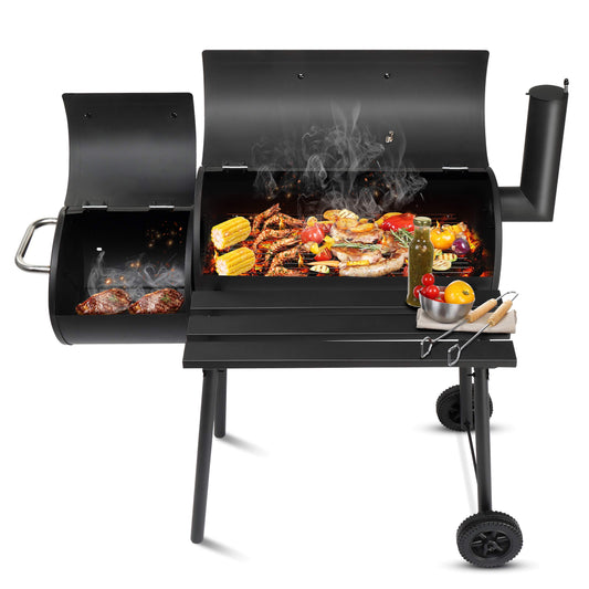 Double Cylinder Charcoal Grill/Smoker, Outdoor BBQ Smoker with Wheels