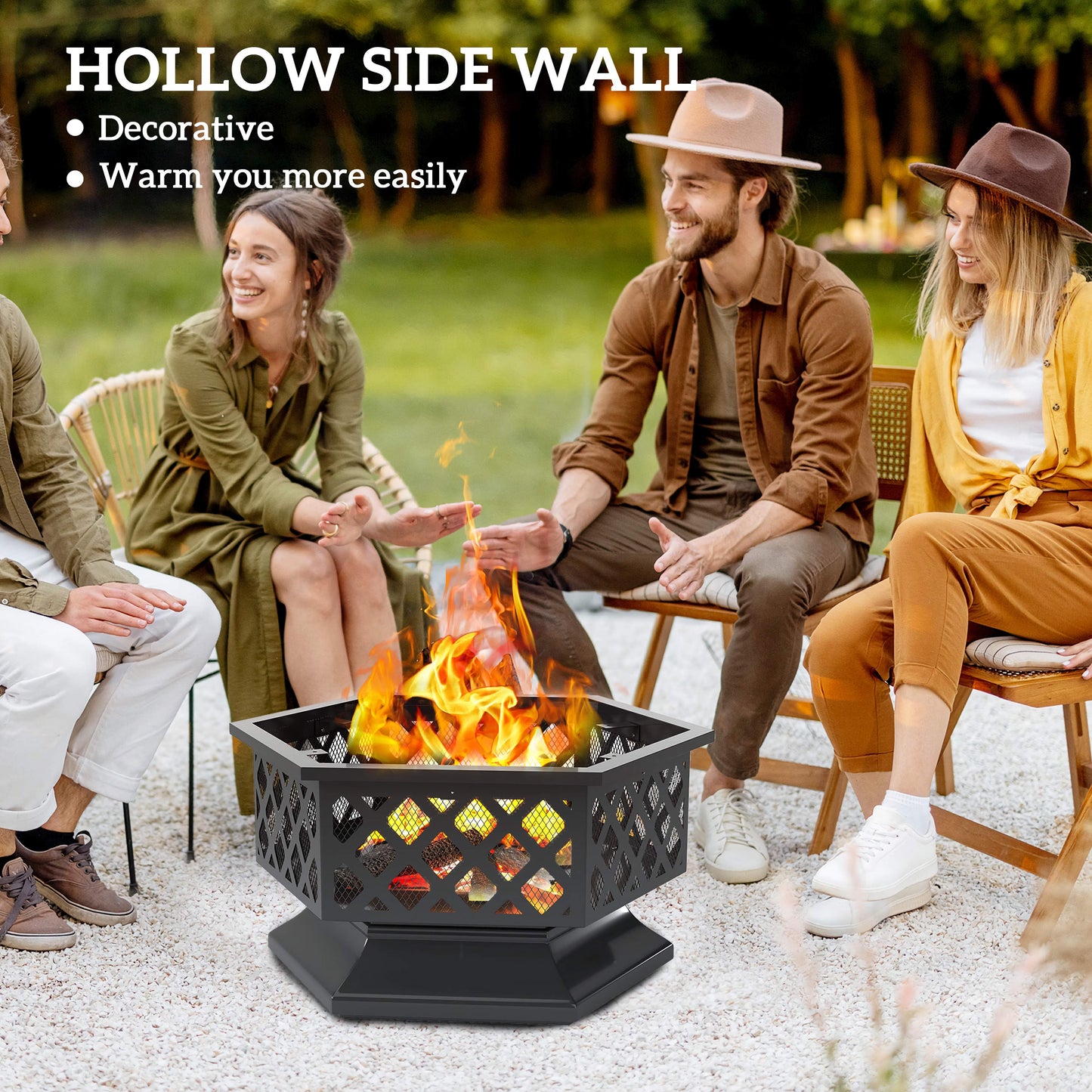 28in. Hexagon Outdoor Fire Pit, Wood Burning with Cooking Grate, Fire Poker and Safety Screen Lid for Patio and Backyard