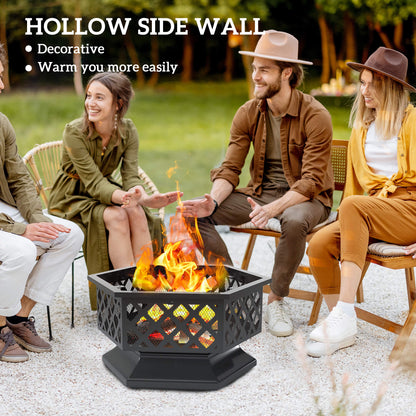 28in. Hexagon Outdoor Fire Pit, Wood Burning with Cooking Grate, Fire Poker and Safety Screen Lid for Patio and Backyard
