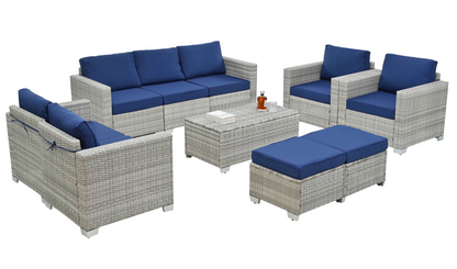 10-Piece Patio Sofa Set, Comfortable Outdoor Garden Furniture with Waterproof Cloth and Durable PE Rattan Base