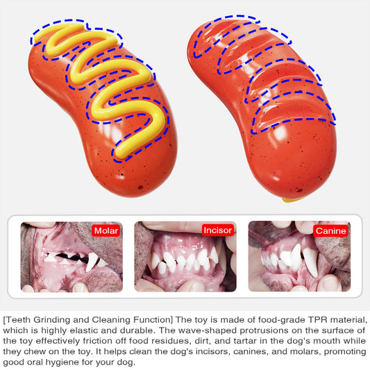 Tough Rubber Hot Dog Pet Chew Toy, Long-Lasting Pet Toy for Aggressive Chewing and Dental Health