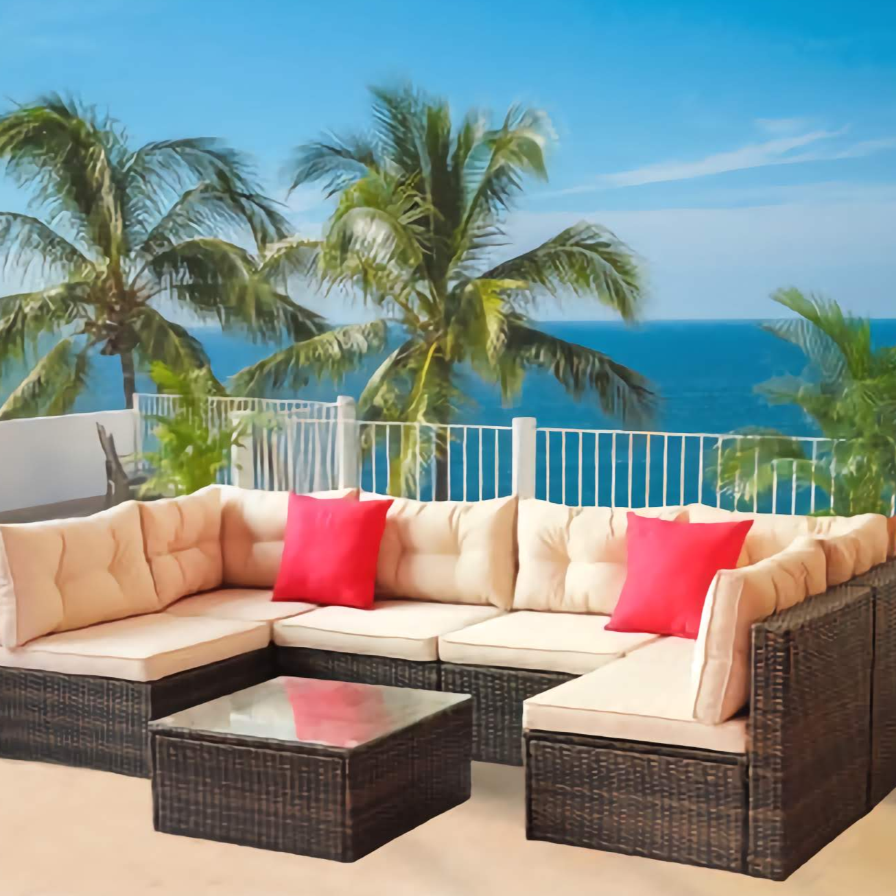 7-Piece Seasonal Patio Sofa Set, Comfortable Outdoor Garden Furniture with Sturdy PE Rattan Base
