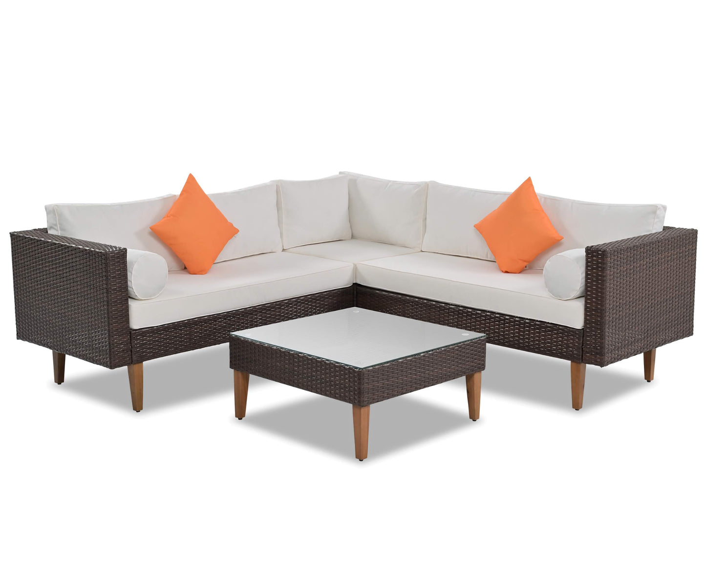 4-Piece Outdoor Wicker Sofa Set, L-Shape Patio Furniture With Colorful Pillows